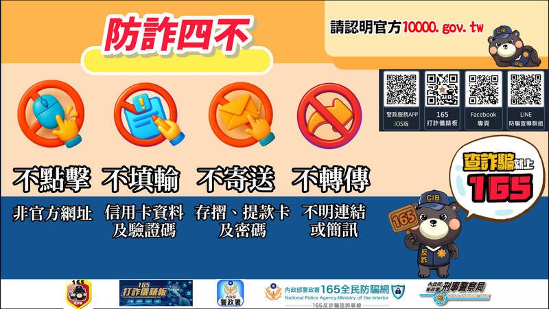 刑事局呼吁防诈四不。(记者姚岳宏翻摄) 刑事局呼吁防诈四不。(记者姚岳宏翻摄)