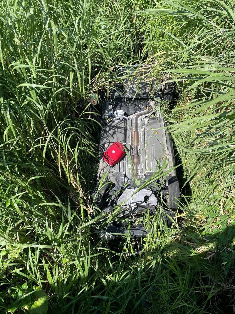 整辆自小客被长草包覆，所幸2人皆无大碍。（警消提供）