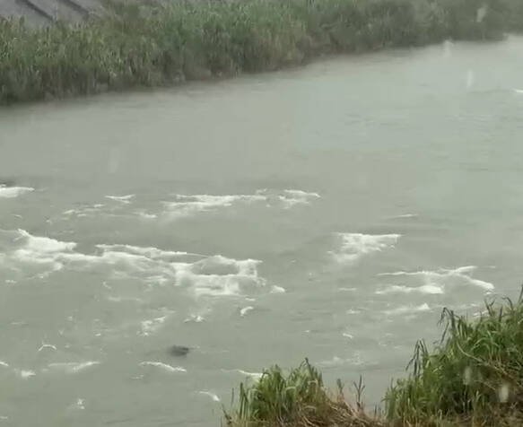 现场大雨导致河流湍急，落河女子在河中漂流。（记者吴升儒翻摄）