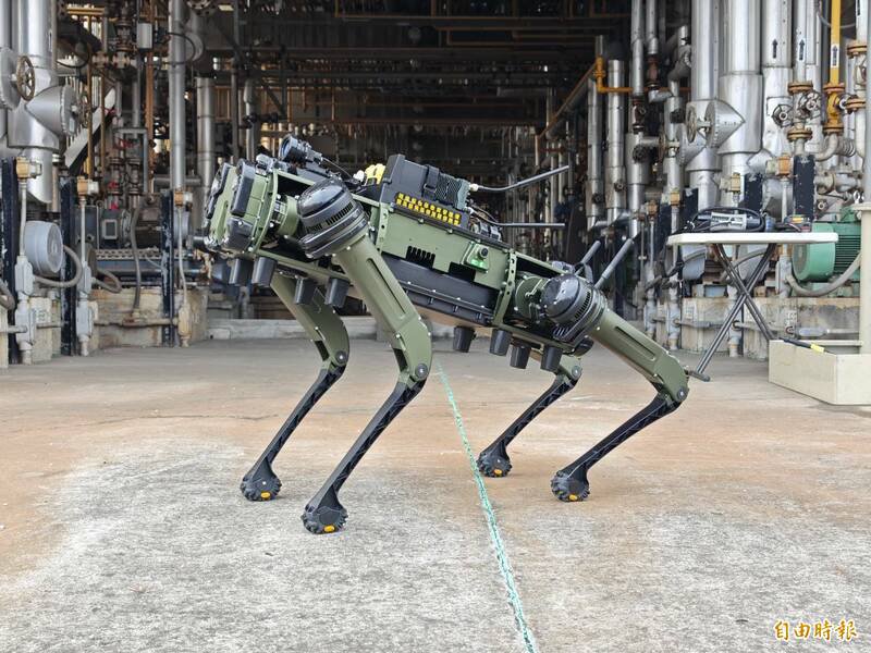 全国首只侦检机器犬今天来到南部，首度参与由地方县市主办的毒化灾防演练。（记者陈彦廷摄）