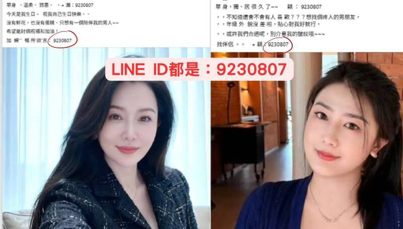 盗用的美女图虽长相不一样，但LINE的ID帐号却都一样。（警方提供）